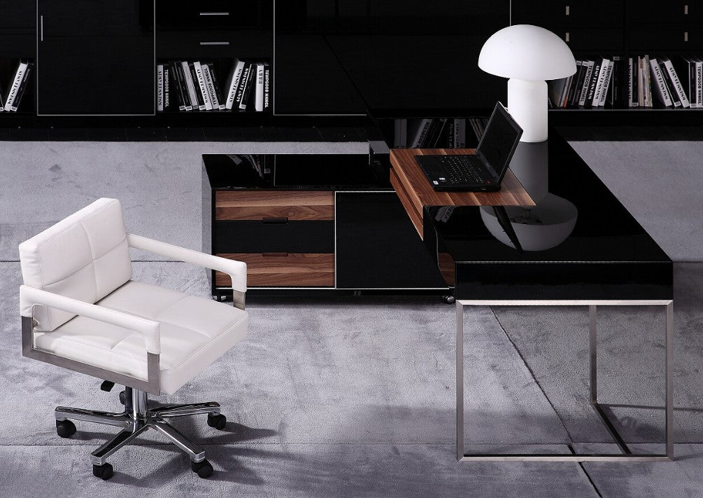 29.5 Black Gloss and Walnut Veneer and Stainless Steel Office Desk By Homeroots | Desks | Modishstore