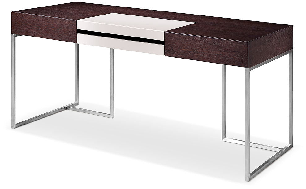 30 Brown Oak and Grey Veneer MDF Glass and Stainless Steel Desk By Homeroots | Desks | Modishstore - 2