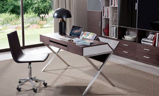 30 Brown Oak and Grey Veneer and Stainless Steel Office Desk By Homeroots | Desks | Modishstore