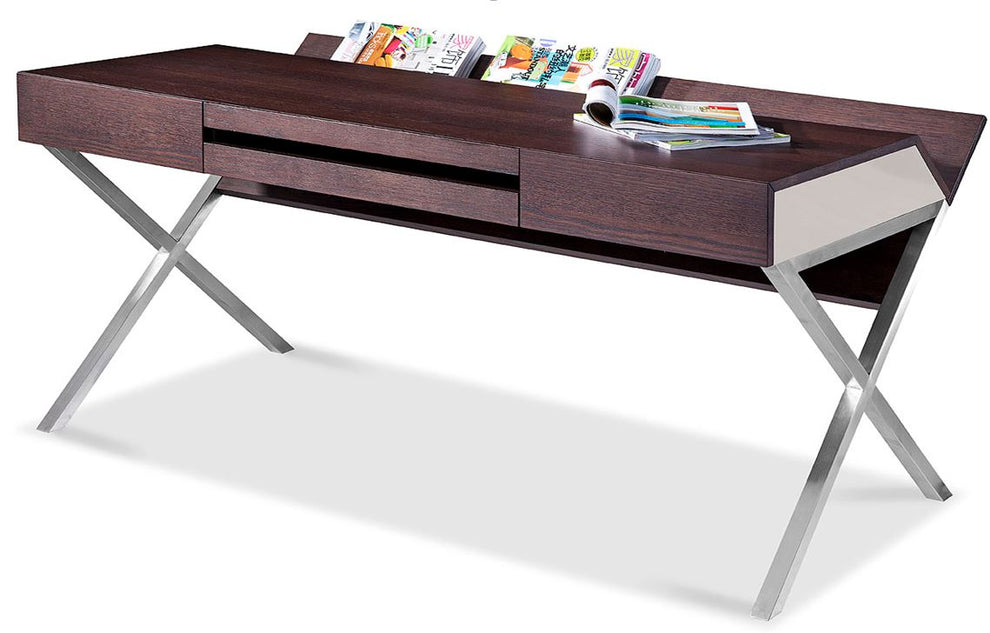 30 Brown Oak and Grey Veneer and Stainless Steel Office Desk By Homeroots | Desks | Modishstore - 2