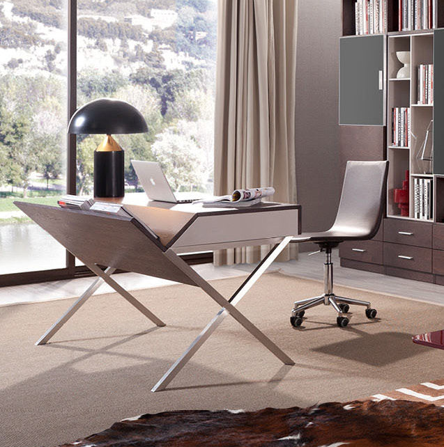 30 Brown Oak and Grey Veneer and Stainless Steel Office Desk By Homeroots | Desks | Modishstore - 3