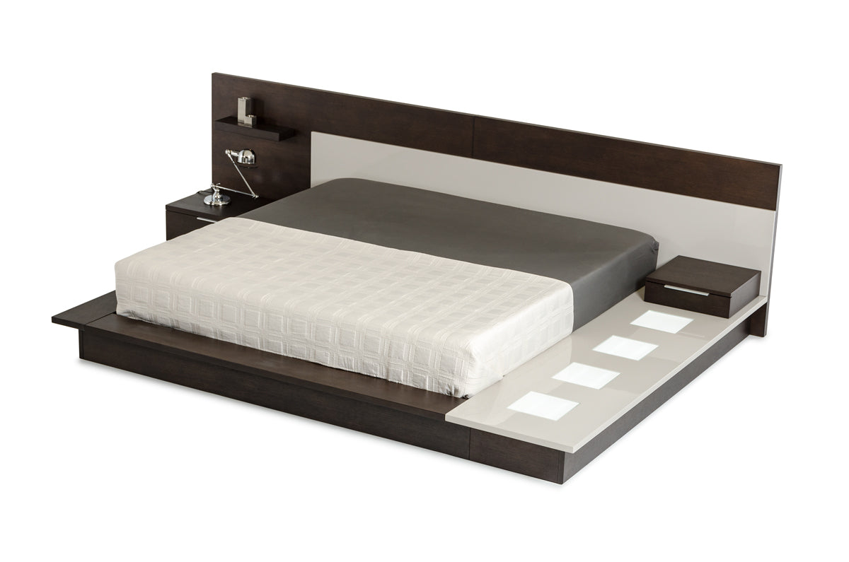 34" Brown Oak And Grey Veneer Platfrom Queen Bed With Lights By Homeroots | Beds | Modishstore - 4