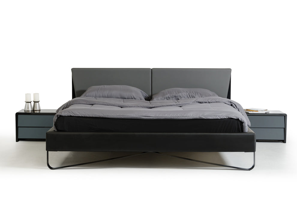 37' Grey And Black Leatherette And Metal Queen Bed By Homeroots | Beds | Modishstore - 2