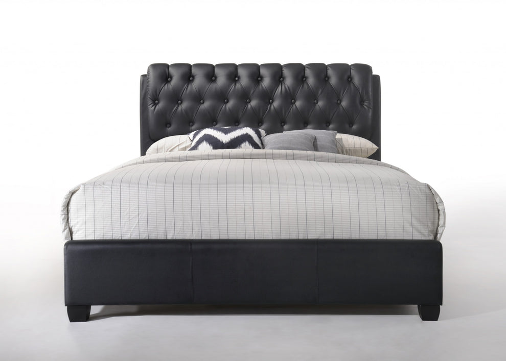 Black Pu Button Tufted Queen Bed By Homeroots | Beds | Modishstore - 2