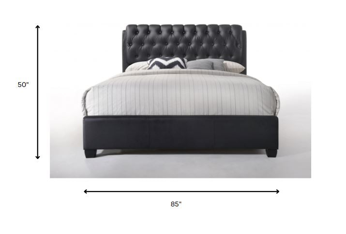 Black Pu Button Tufted Queen Bed By Homeroots | Beds | Modishstore - 5
