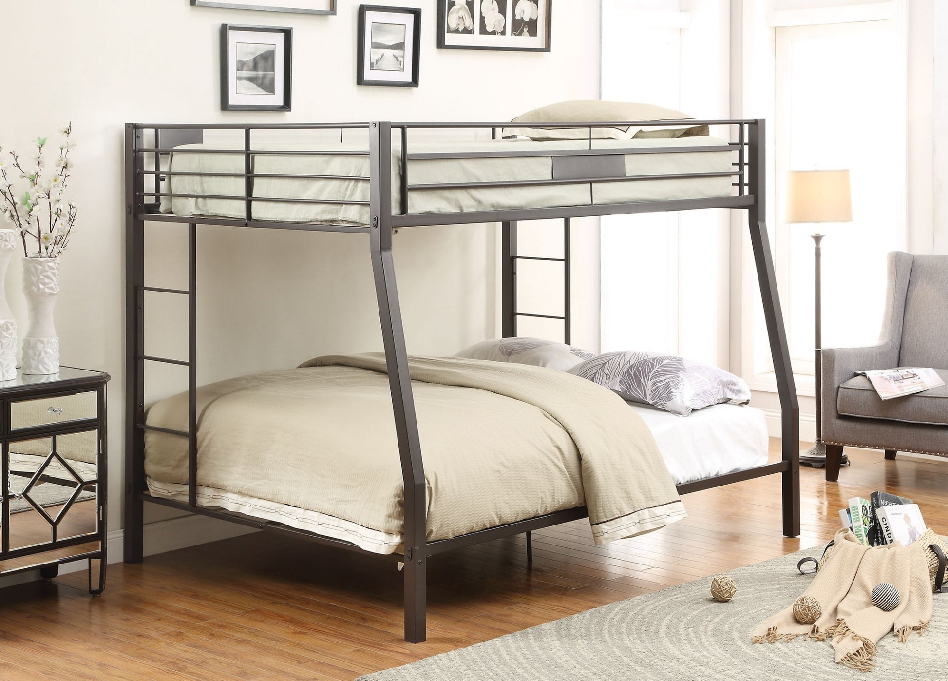 Black Metal Finish Twin Over Full Bunk With Side Ladders By Homeroots | Beds | Modishstore - 2