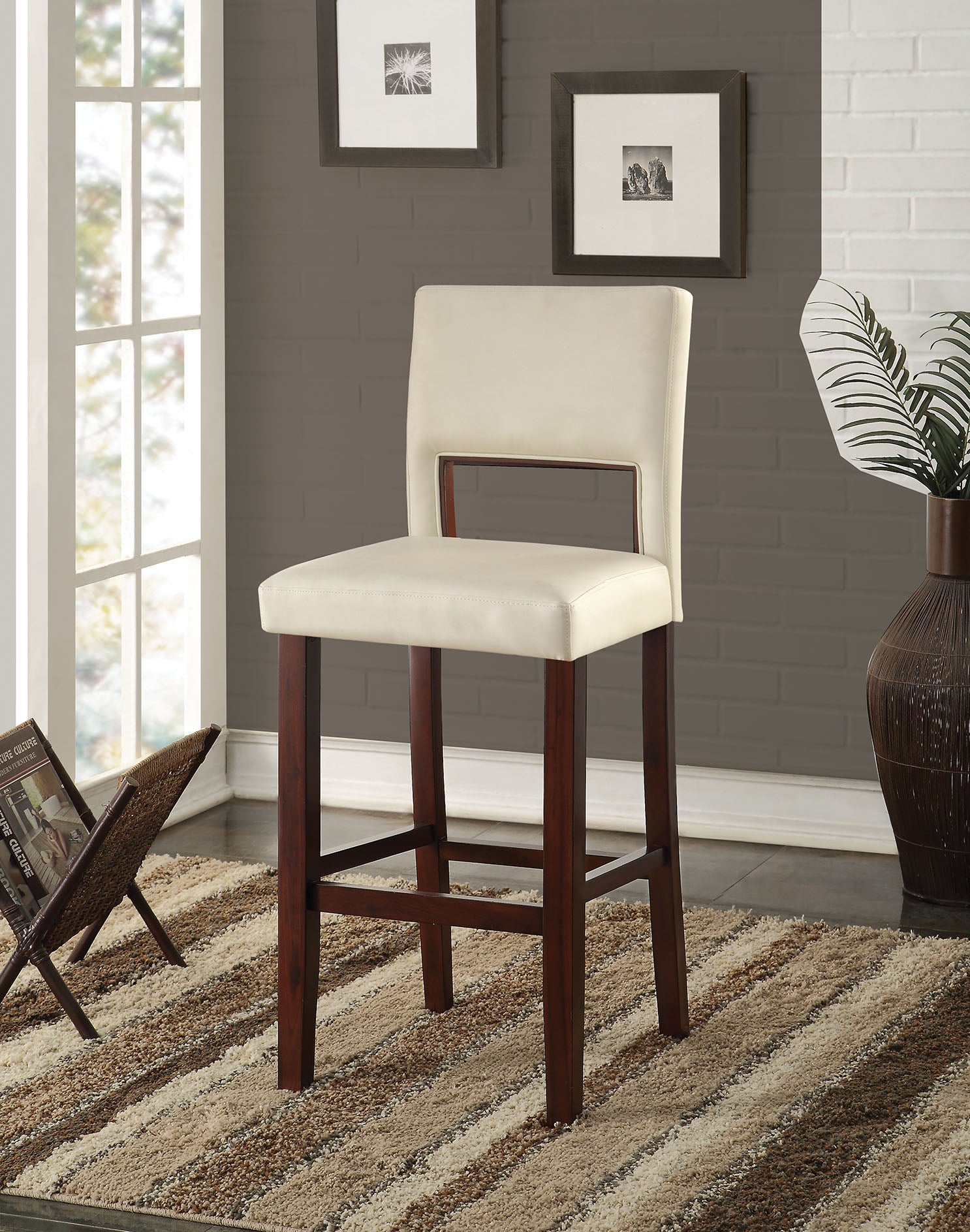 White Faux Leather And Espresso Wooden Bar Chair By Homeroots | Bar Stools | Modishstore
