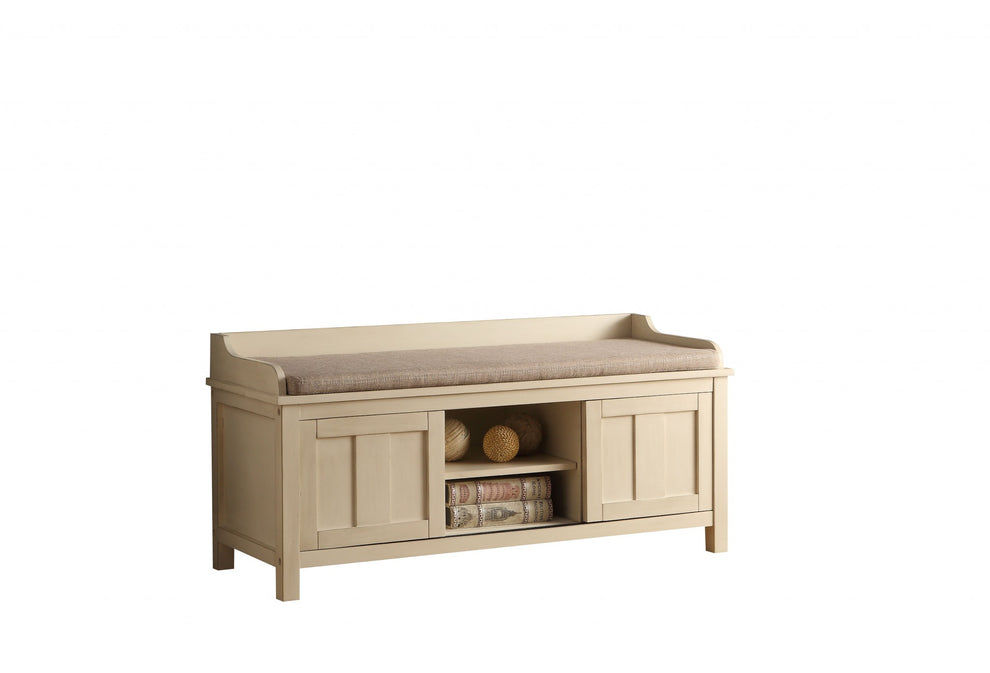 Rectangular Cream Fabric Bench with Covered Storage By Homeroots | Benches | Modishstore - 2
