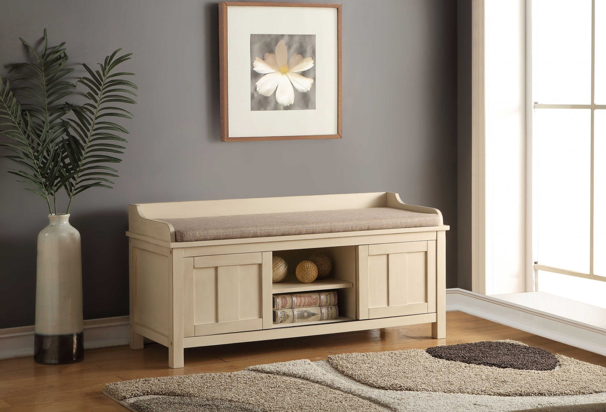 Rectangular Cream Fabric Bench with Covered Storage By Homeroots | Benches | Modishstore
