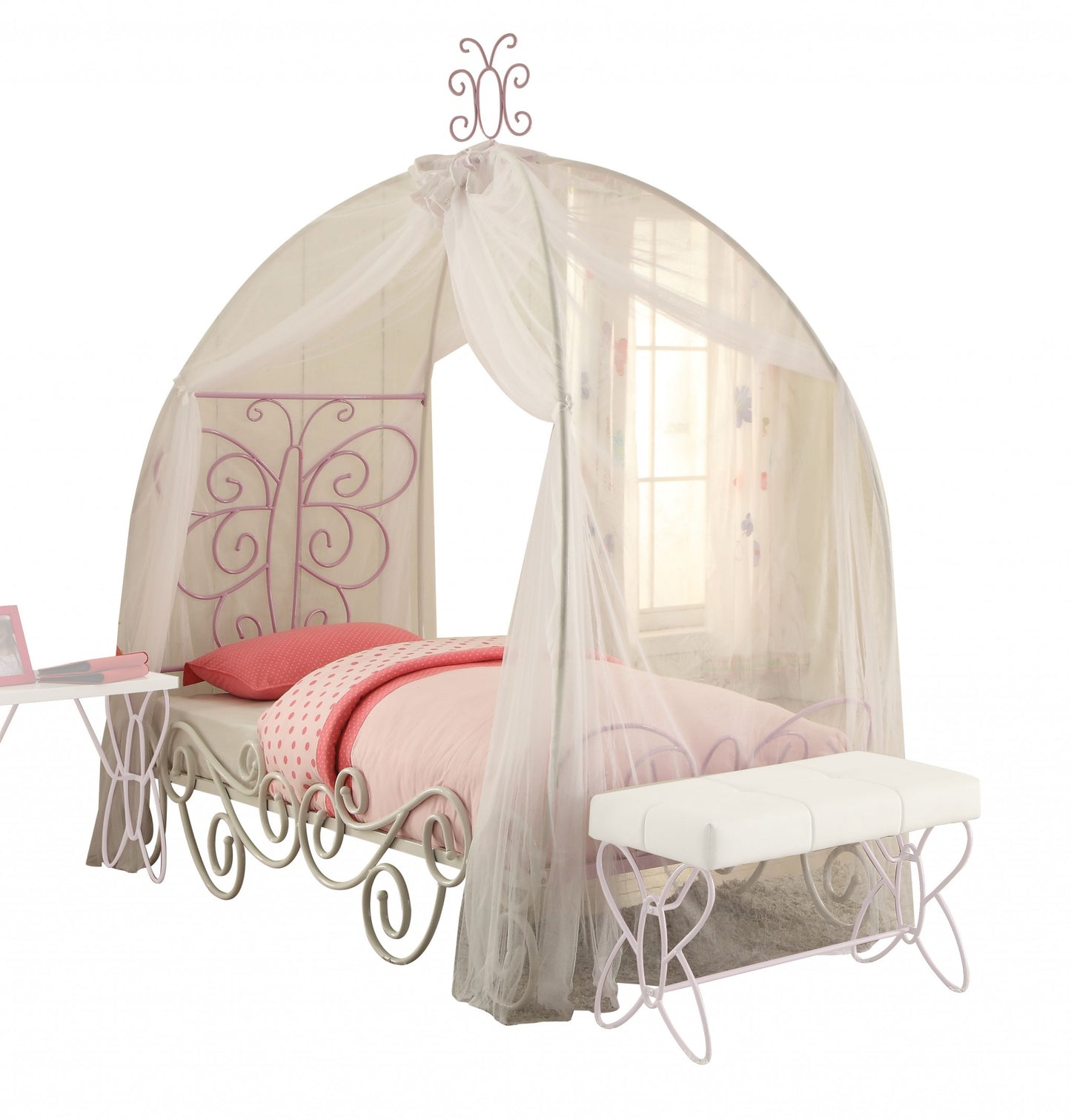 White And Lilac Scroll Butterfly Design Twin Canopy Bed By Homeroots