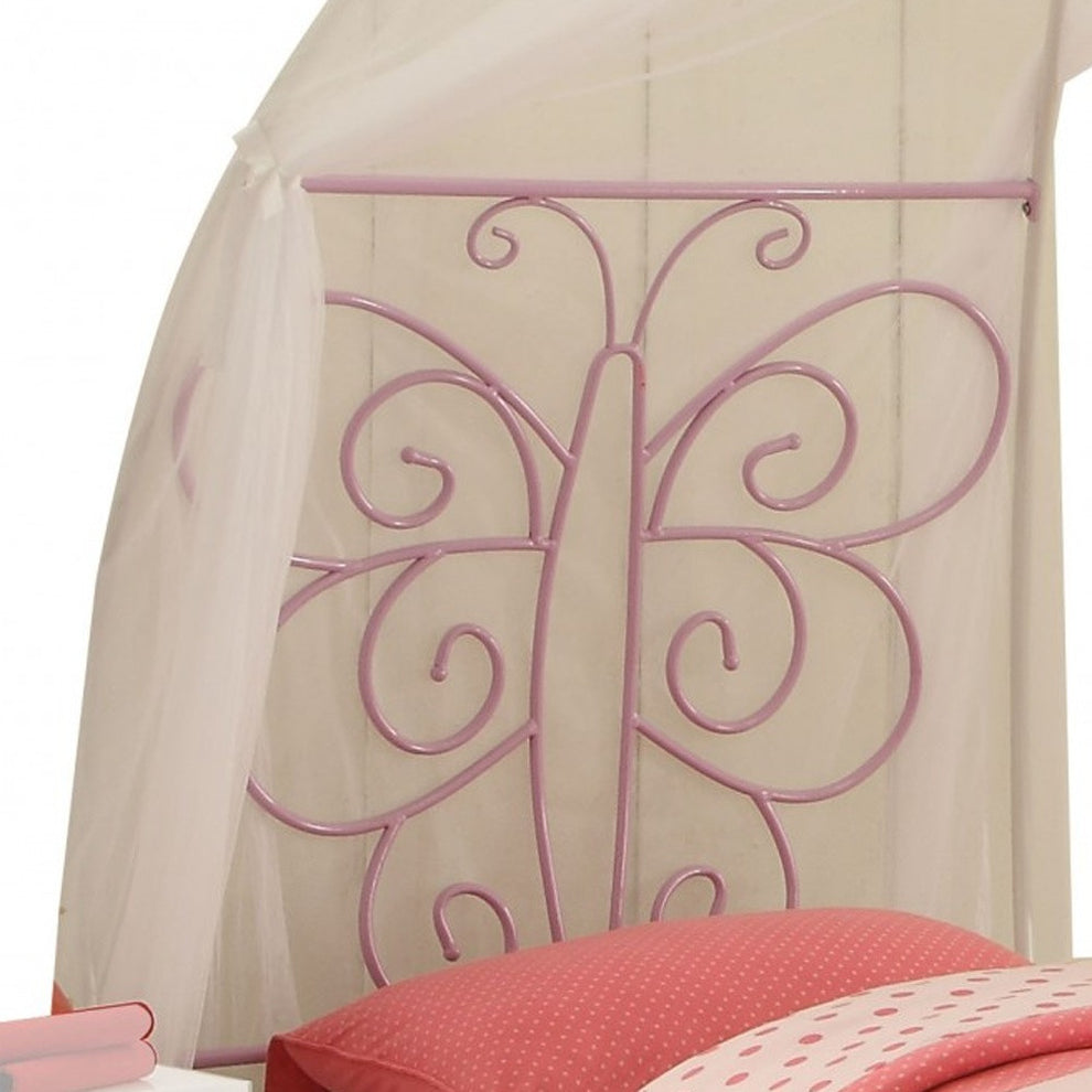 White And Lilac Scroll Butterfly Design Twin Canopy Bed By Homeroots | Beds | Modishstore - 4