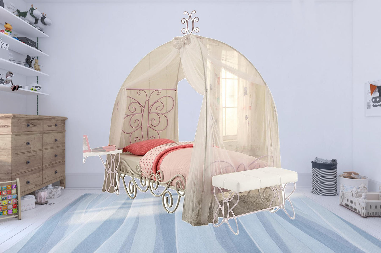 White And Lilac Scroll Butterfly Design Twin Canopy Bed By Homeroots