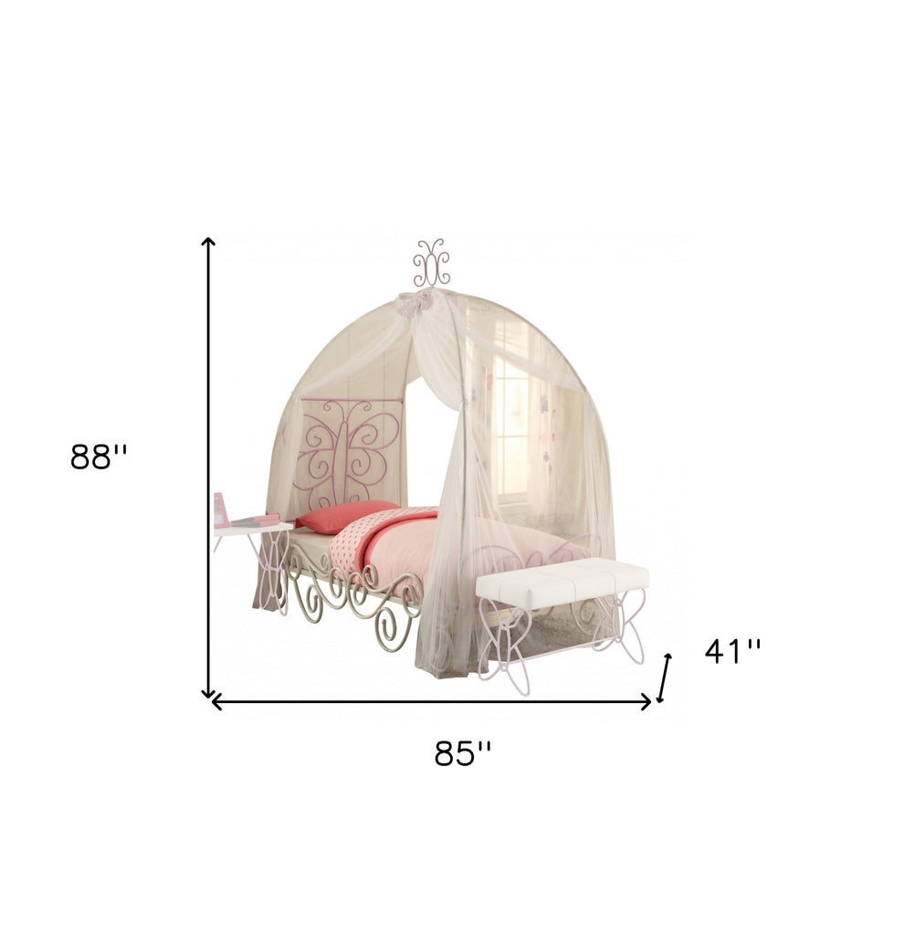 White And Lilac Scroll Butterfly Design Twin Canopy Bed By Homeroots | Beds | Modishstore - 5