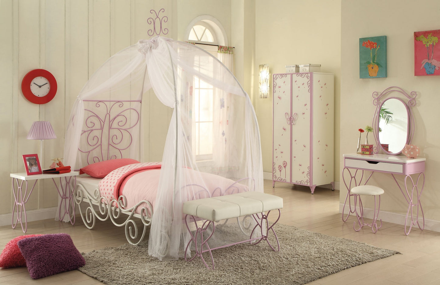 Full White And Light Purple Metal Tube Bed With Canopy By Homeroots | Beds | Modishstore