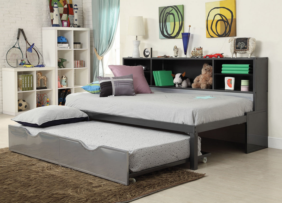 Twin Black And Silver Metal Tube Bed With Bookcase And Trundle By Homeroots | Beds | Modishstore
