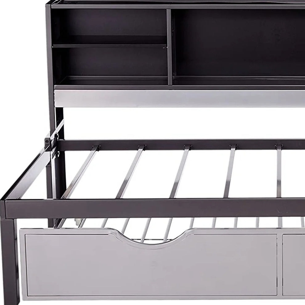 Twin Black And Silver Metal Tube Bed With Bookcase And Trundle By Homeroots | Beds | Modishstore - 3