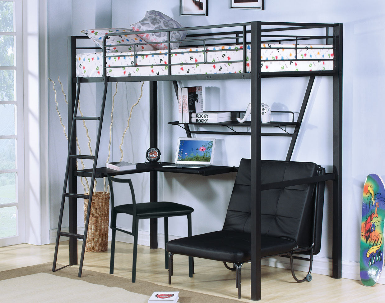 Silver And Black Metal Tube Loft Bed With Desk By Homeroots | Beds | Modishstore