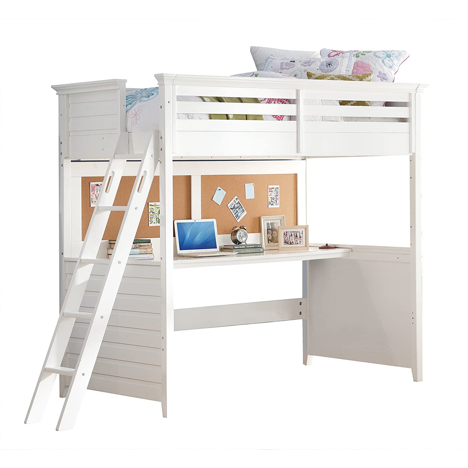Twin White Poplar Wood Loft Bed With Desk By Homeroots | Beds | Modishstore - 2