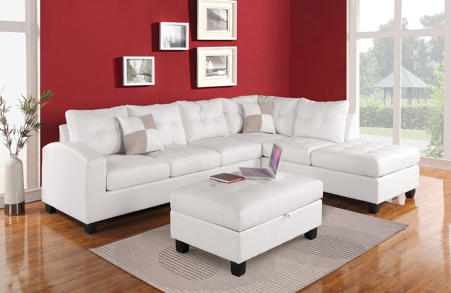 White Bonded Leather Reversible Sectional Sofa With Pillows By Homeroots | Sectional | Modishstore