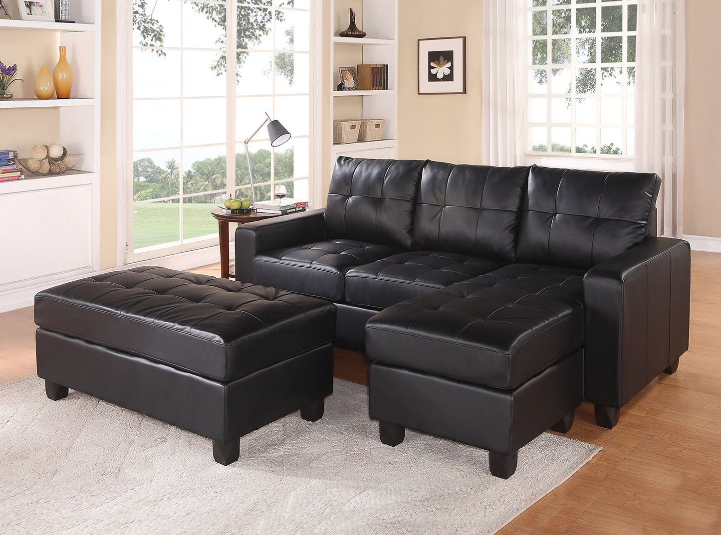 Black Faux Leather Stationary L Shaped Three Piece Sofa And Chaise By Homeroots | Sectional | Modishstore - 4