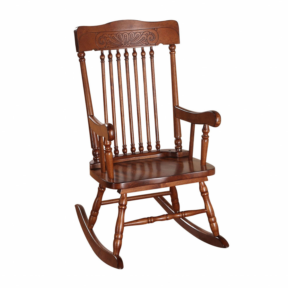 Embossed Cherry Brown Wooden Youth Rocking Chair By Homeroots | Rocking Chairs | Modishstore - 2