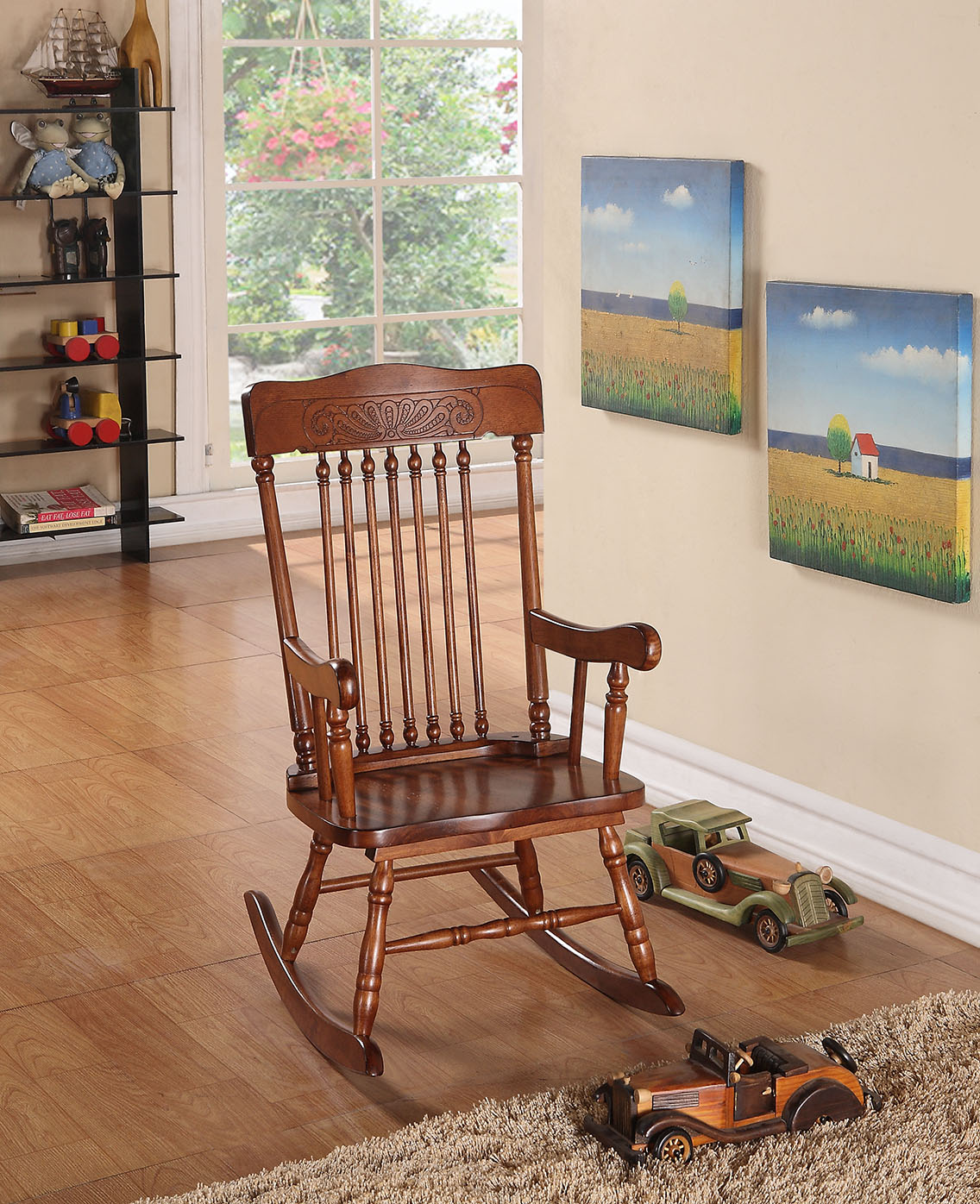 Embossed Cherry Brown Wooden Youth Rocking Chair By Homeroots | Rocking Chairs | Modishstore