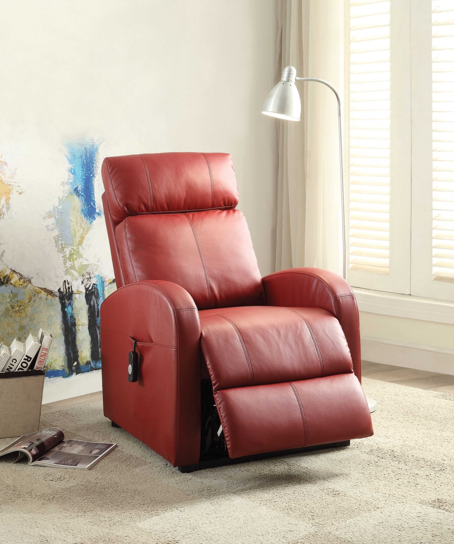 Faux Leather Power Motion Lift Recliner in Red By Homeroots | Chairs & Recliners | Modishstore - 2