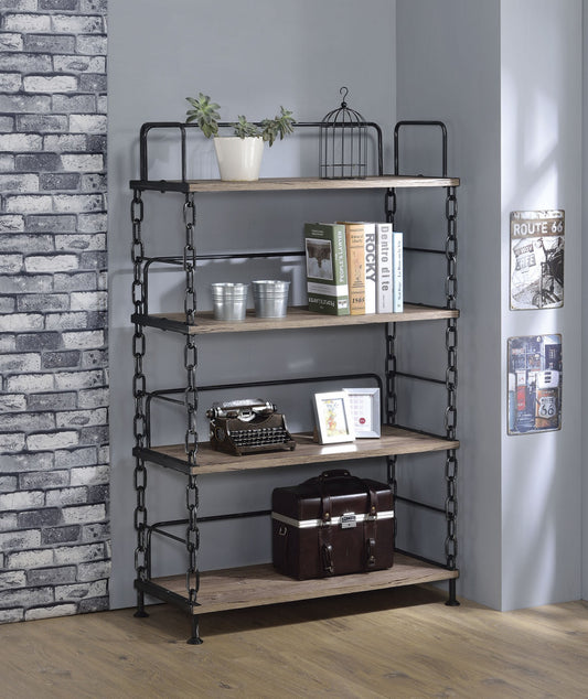 Rustic Oak And Antique Black Particle Board Bookshelf By Homeroots | Bookcases | Modishstore - 3