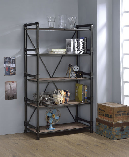 Rustic Oak And Black Particle Board Bookshelf By Homeroots | Bookcases | Modishstore
