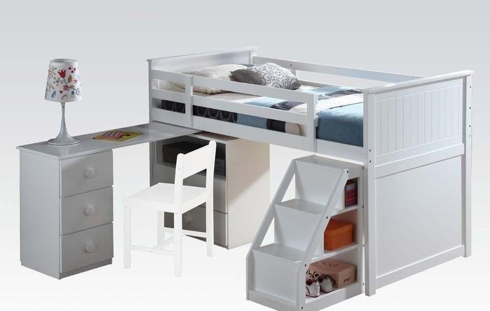 White Loft Bed With Chest And Swivel Deskladder By Homeroots | Beds | Modishstore - 2