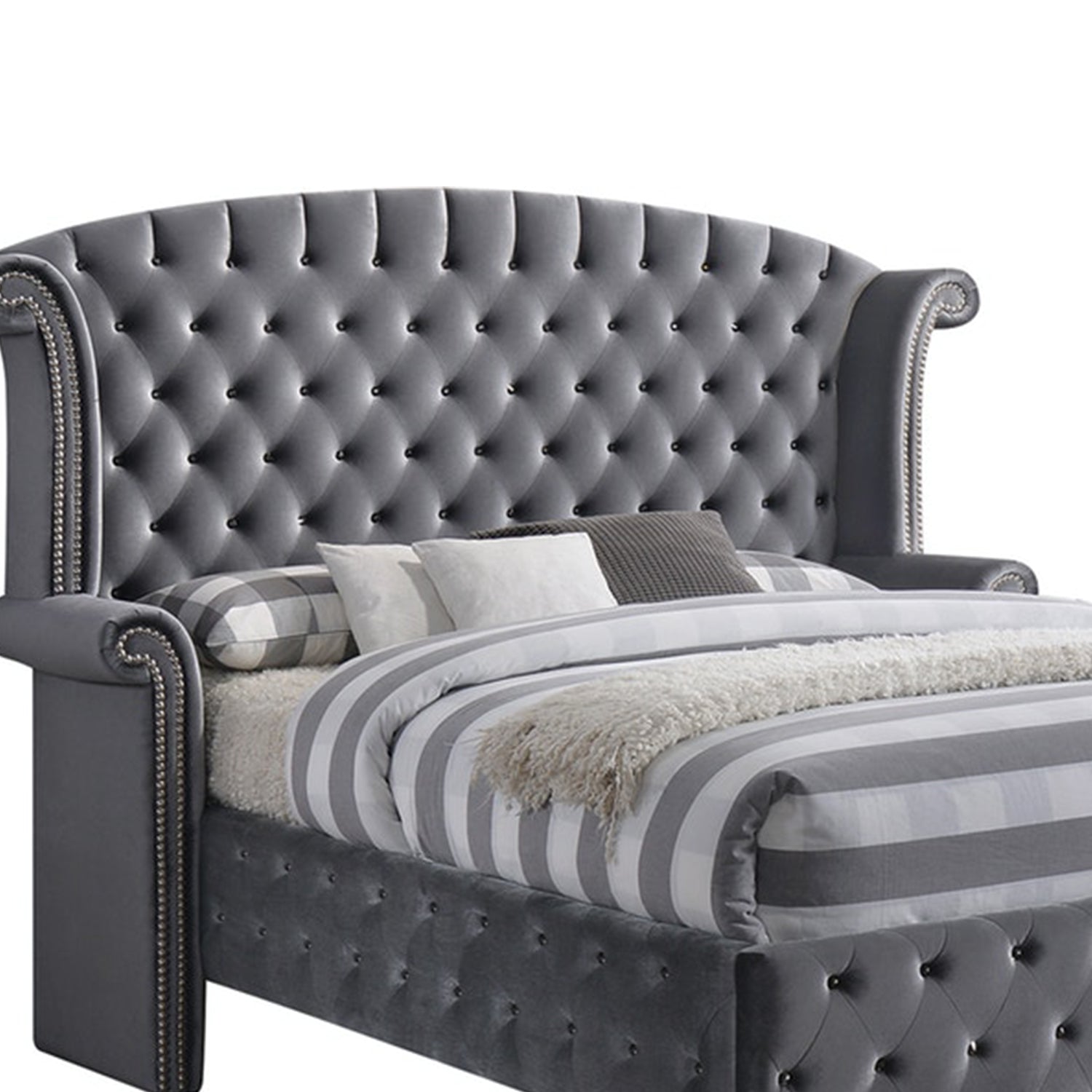 Gray Velvet Queen Bed By Homeroots | Beds | Modishstore