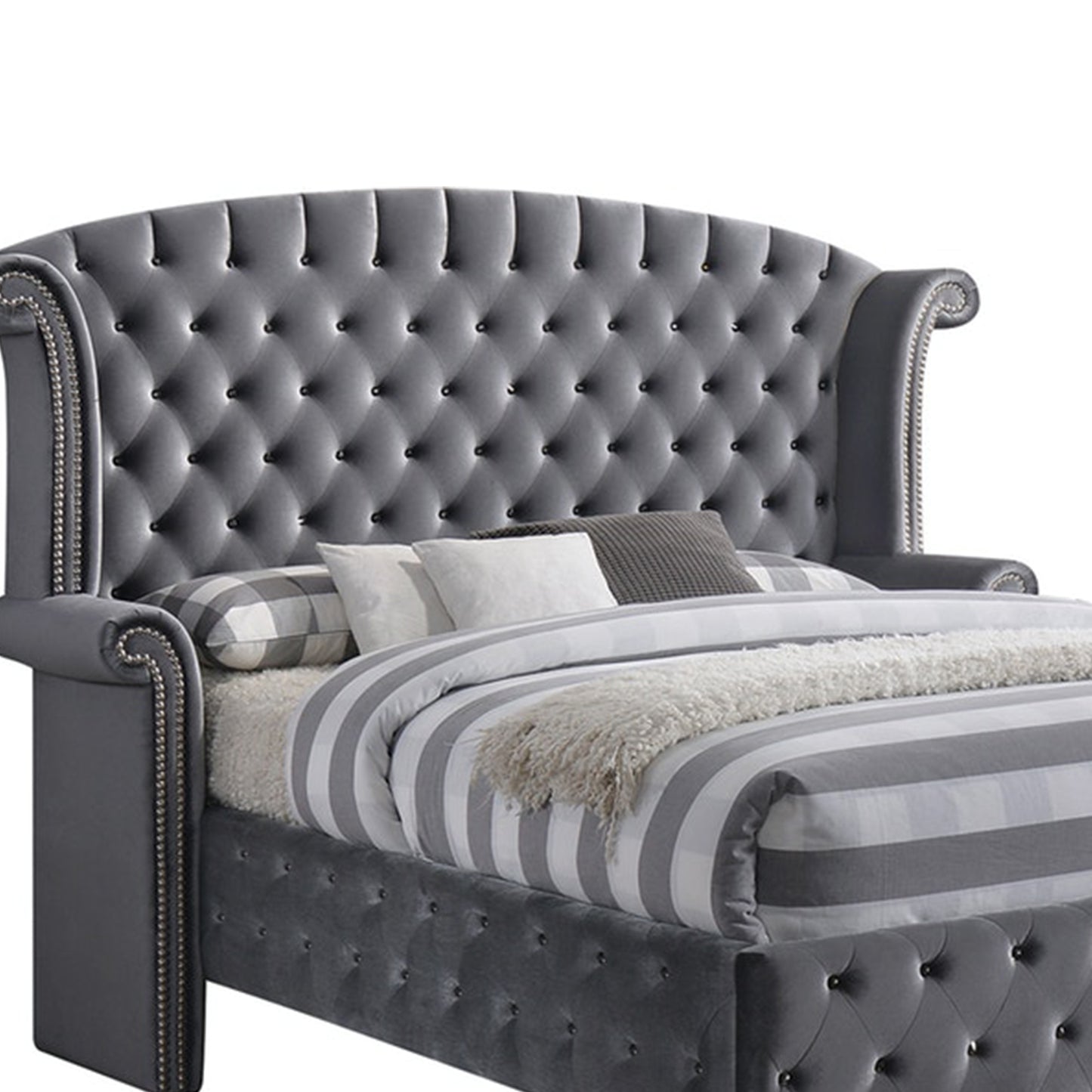 Gray Velvet Queen Bed By Homeroots | Beds | Modishstore - 2