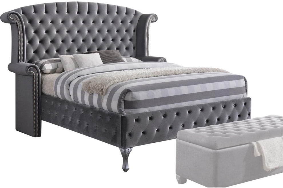 Gray Velvet Queen Bed By Homeroots | Beds | Modishstore - 3