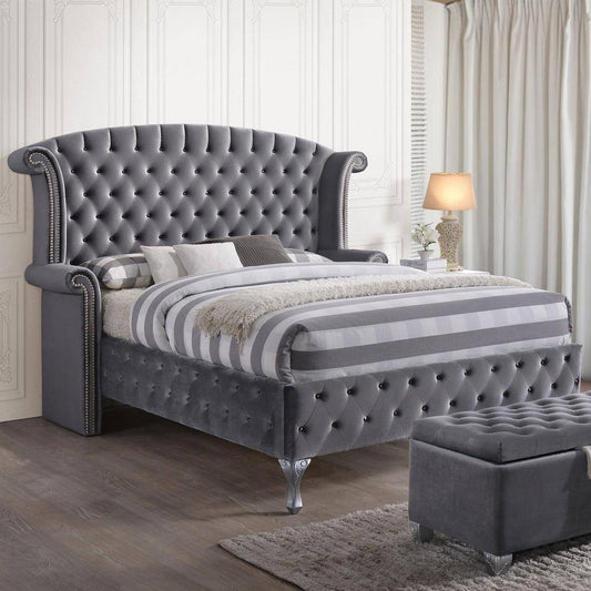 Gray Velvet Queen Bed By Homeroots | Beds | Modishstore - 3