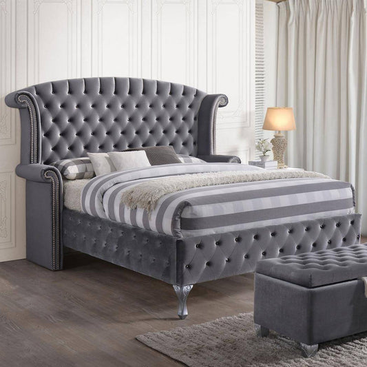 Gray Velvet Queen Bed By Homeroots | Beds | Modishstore