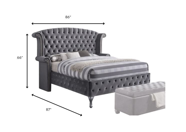 Gray Velvet Queen Bed By Homeroots | Beds | Modishstore - 4
