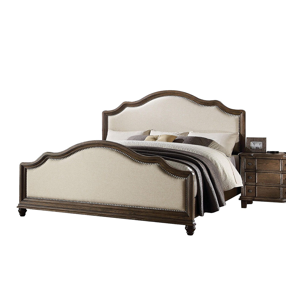 Beige Linen And Weathered Oak Eastern King Bed By Homeroots | Beds | Modishstore - 3