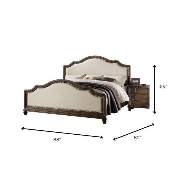 Beige Linen And Weathered Oak Eastern King Bed By Homeroots | Beds | Modishstore - 4