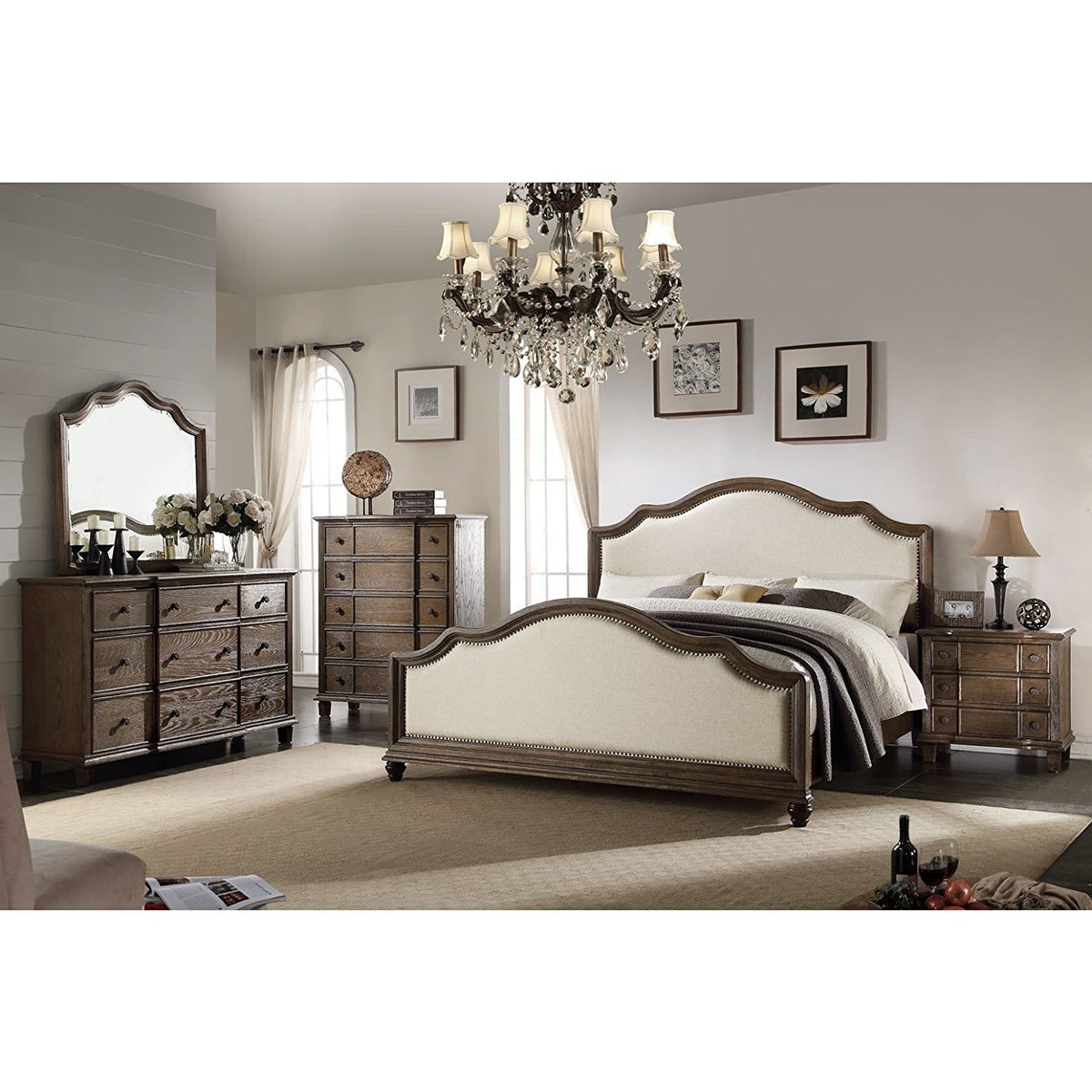 Beige Linen And Weathered Oak Queen Bed By Homeroots | Beds | Modishstore