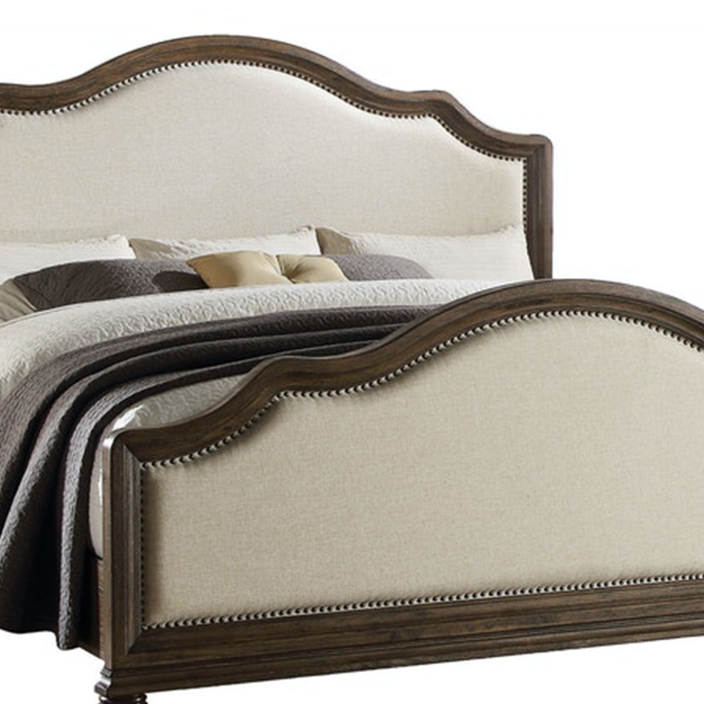 Beige Linen And Weathered Oak Queen Bed By Homeroots | Beds | Modishstore - 3