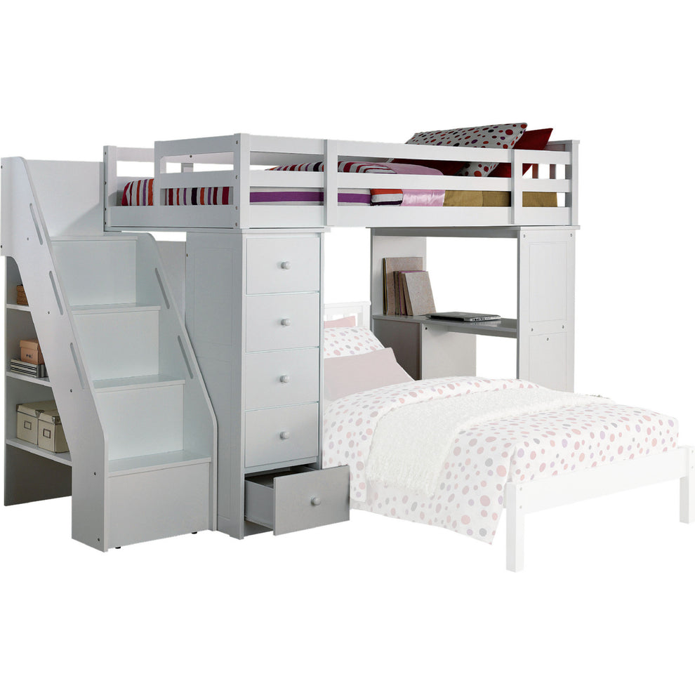 White Solid Wood Loft Bed And Bookshelf Ladder By Homeroots | Beds | Modishstore - 2