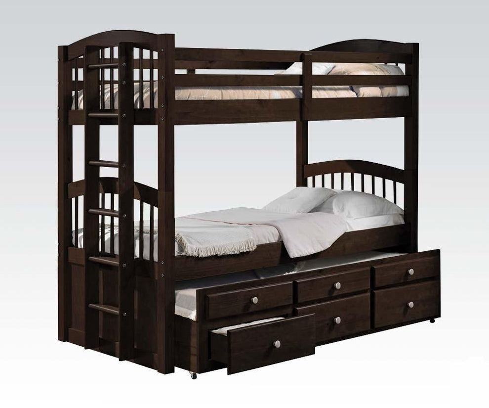 Espresso Twin Over Twin Bunk Bed And Trundle With 3 Drawer By Homeroots | Beds | Modishstore - 3