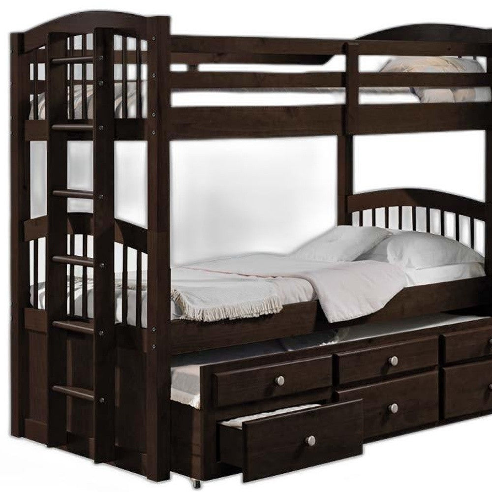 Espresso Twin Over Twin Bunk Bed And Trundle With 3 Drawer By Homeroots | Beds | Modishstore - 5