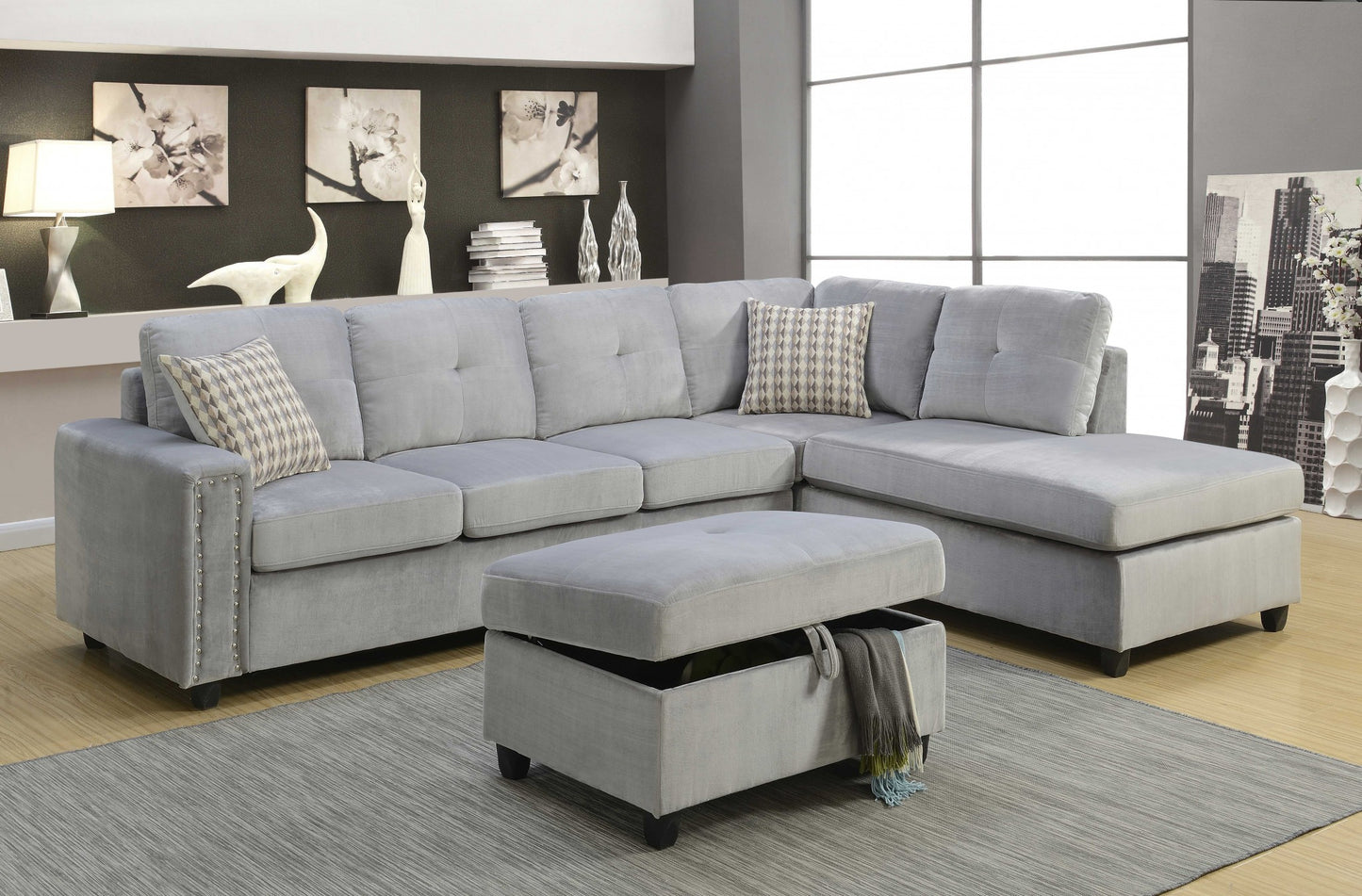 Gray Velvet Reversible Sectional Sofa With Pillows By Homeroots | Sectional | Modishstore