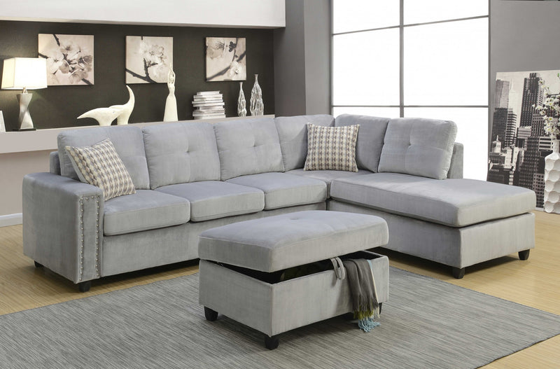 Gray Velvet Reversible Sectional Sofa With Pillows By Homeroots | Sectional | Modishstore