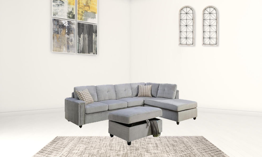 Gray Velvet Reversible Sectional Sofa With Pillows By Homeroots | Sectional | Modishstore - 3