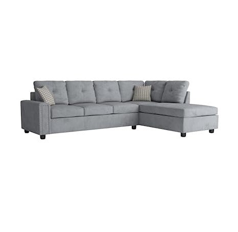 Gray Velvet Reversible Sectional Sofa With Pillows By Homeroots | Sectional | Modishstore - 2