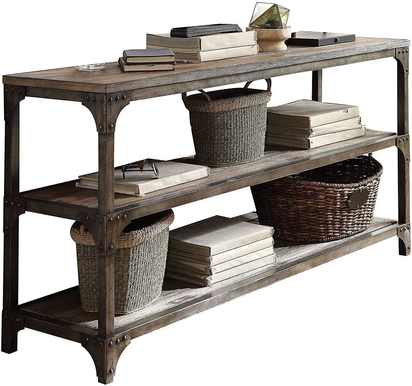 60' Rustic Weathered Oak Console Storage Table By Homeroots | Console Tables | Modishstore - 4