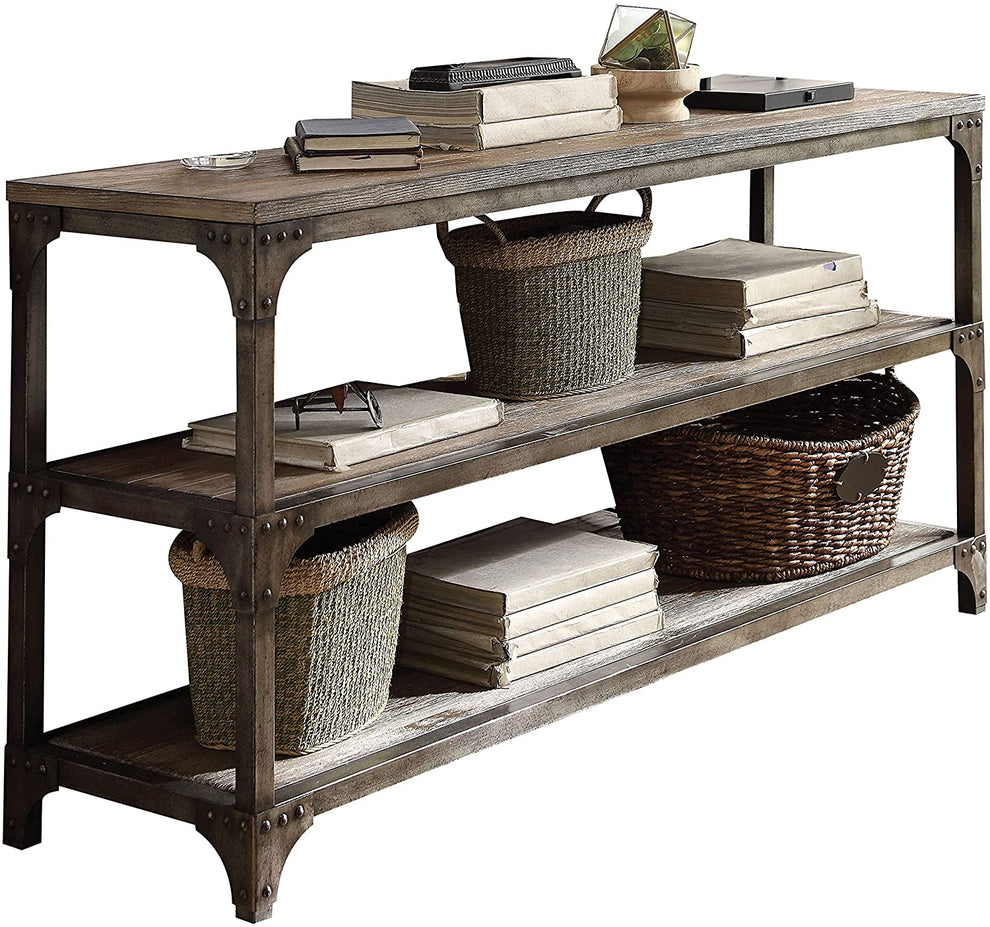 60' Rustic Weathered Oak Console Storage Table By Homeroots | Console Tables | Modishstore - 4