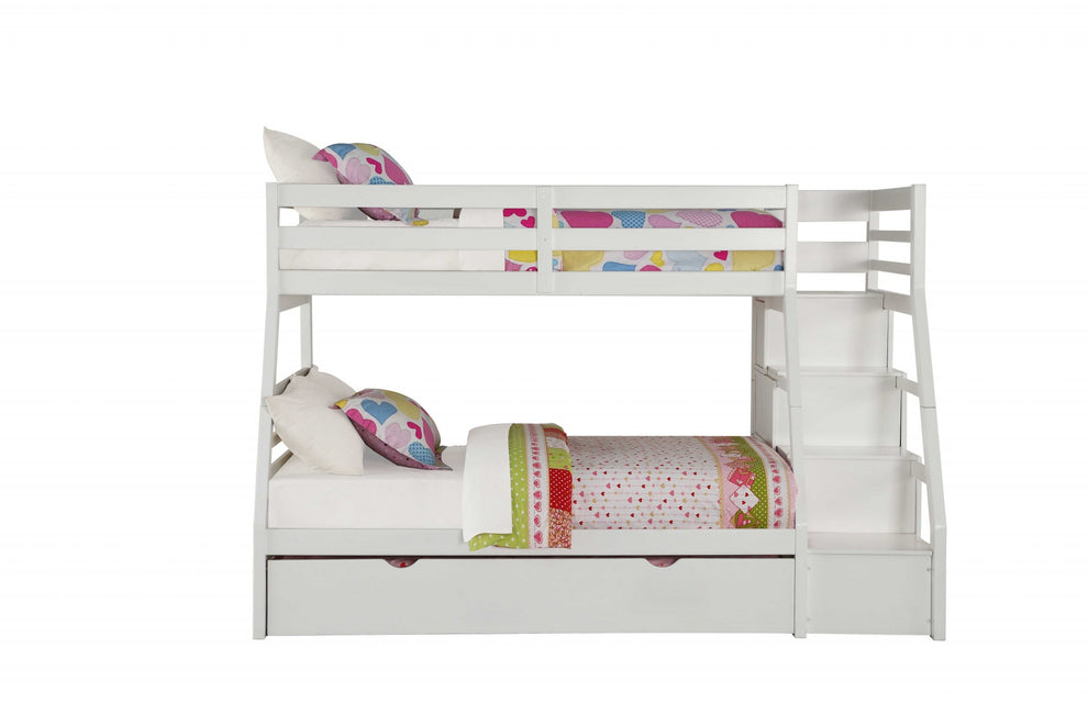 Twin Over Full White Storage Ladder And Trundle Bunk Bed By Homeroots | Beds | Modishstore - 2